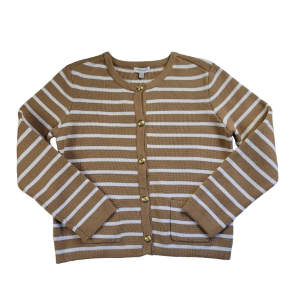 Crown & Ivy Cotton Tan White Striped Button Front Cardigan Sweater Jacket Womens